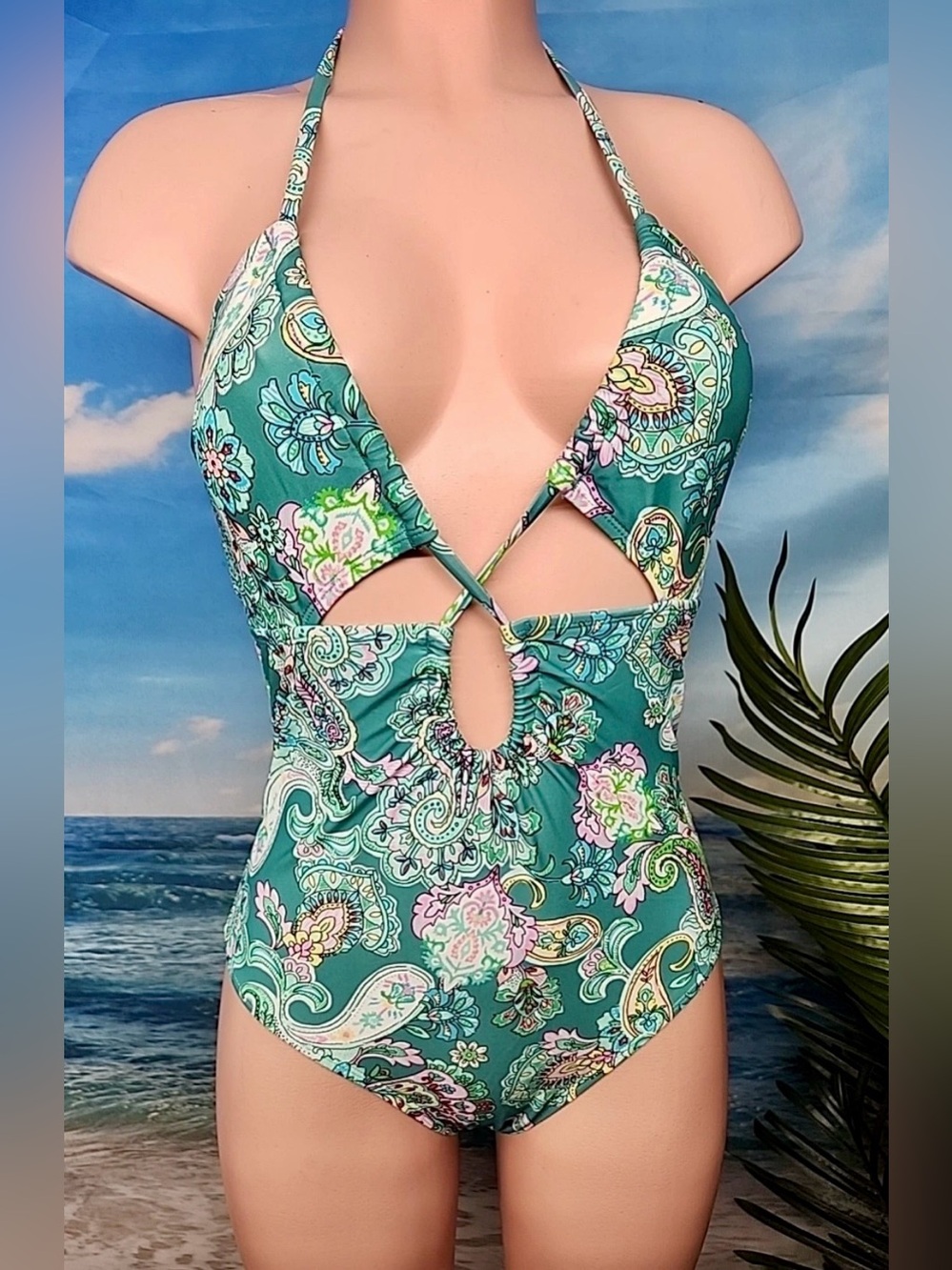 CUPSHE Teal Paisley One-Piece Swimsuit with Cutout